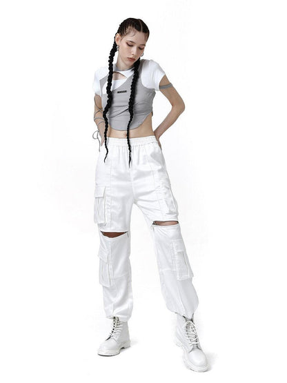 ANYQUESTION Gray White Colorblock Ribbed Cutout Laceup Women&