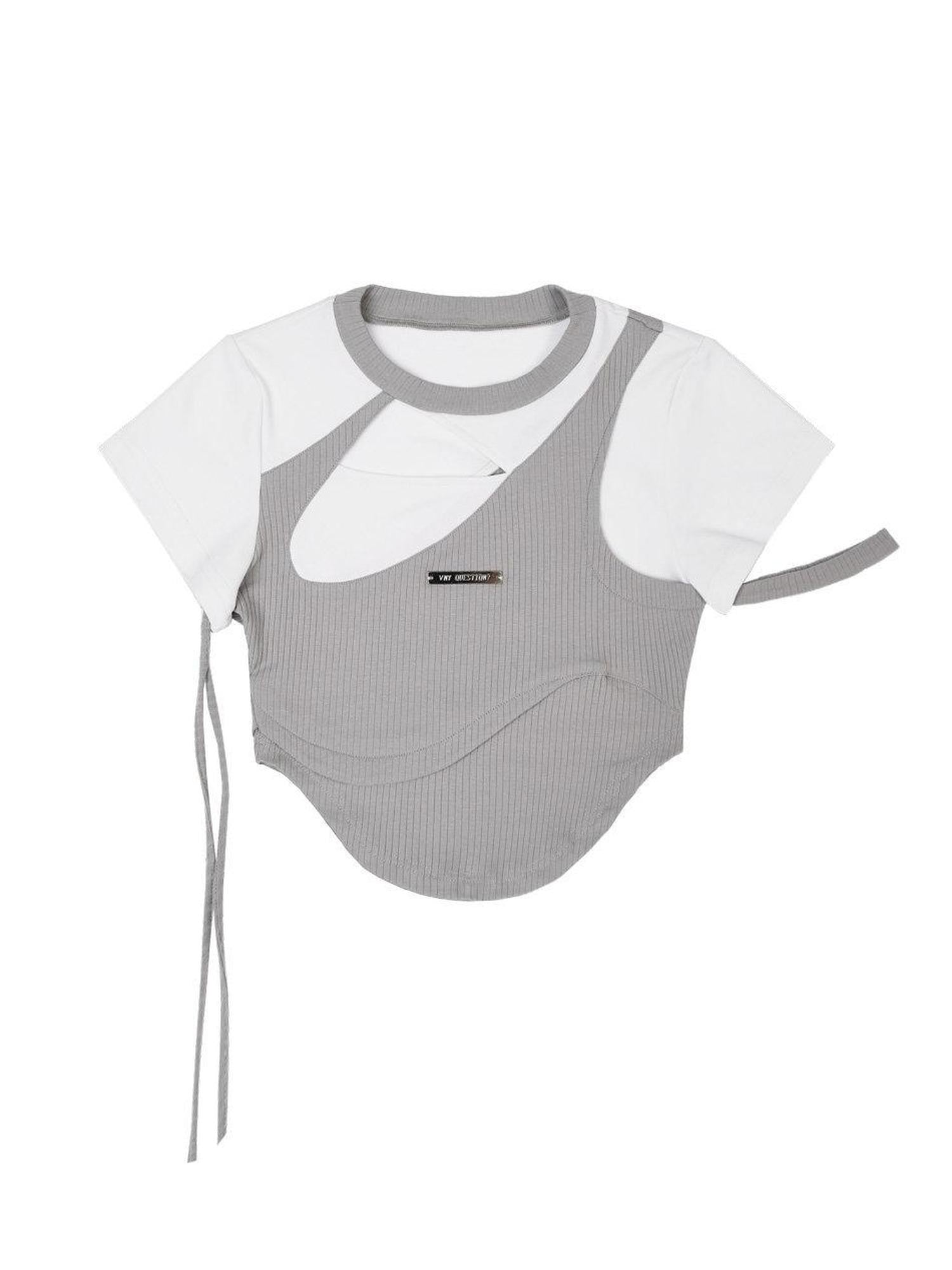 ANYQUESTION Gray White Colorblock Ribbed Cutout Laceup Women&
