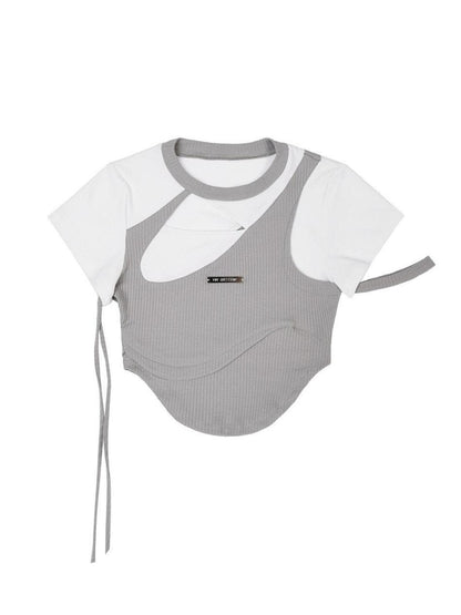 ANYQUESTION Gray White Colorblock Ribbed Cutout Laceup Women&