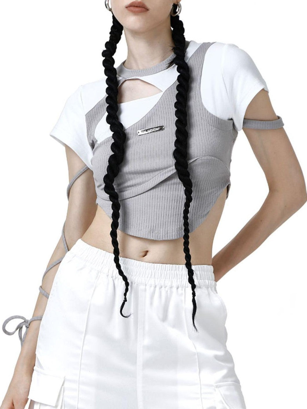 ANYQUESTION Gray White Colorblock Ribbed Cutout Laceup Women&