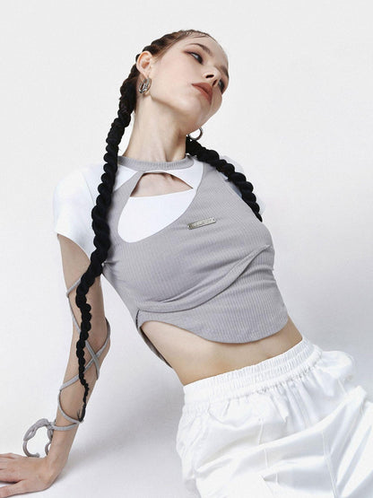 ANYQUESTION Gray White Colorblock Ribbed Cutout Laceup Women&