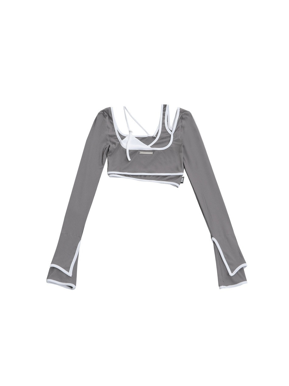 ANYQUESTION_Gray_White_Contrast_Trim_Faux_Two_Piece_Slim_Women&