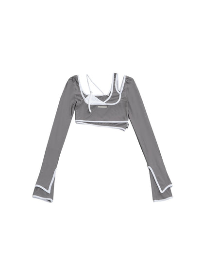 ANYQUESTION_Gray_White_Contrast_Trim_Faux_Two_Piece_Slim_Women&