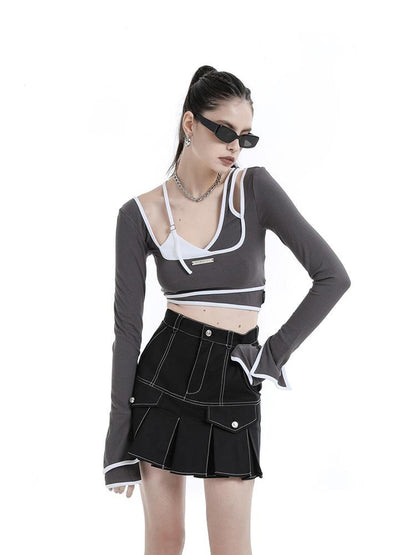 ANYQUESTION Gray White Contrast Trim Faux Two Piece Slim Women&