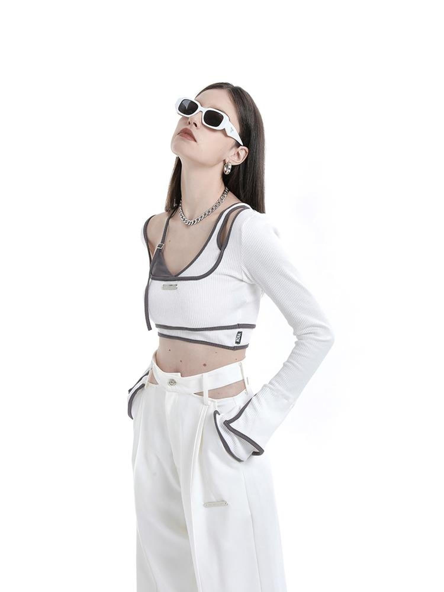 ANYQUESTION Gray White Contrast Trim Faux Two Piece Slim Women&