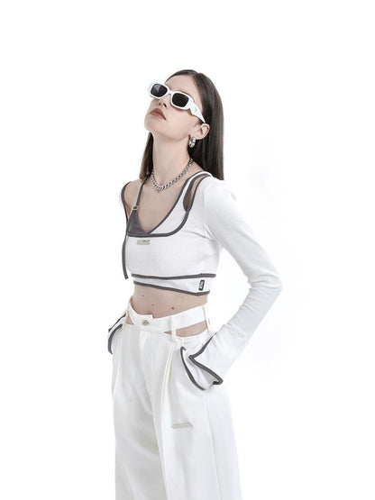 ANYQUESTION Gray White Contrast Trim Faux Two Piece Slim Women&