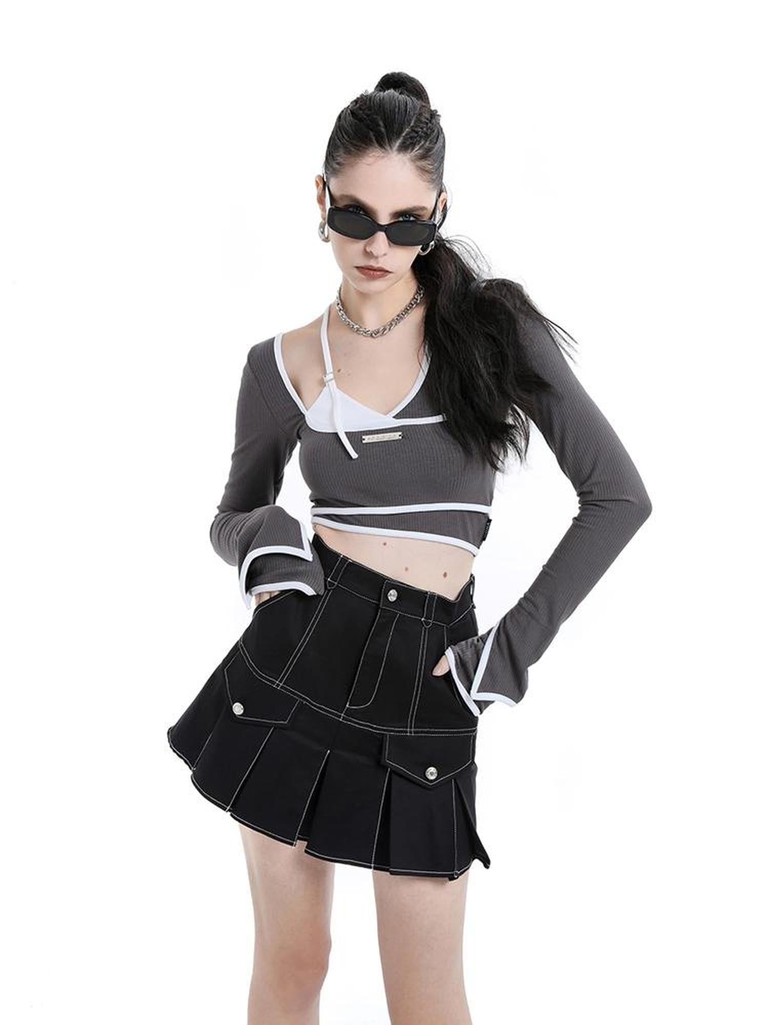 ANYQUESTION Gray White Contrast Trim Faux Two Piece Slim Women&