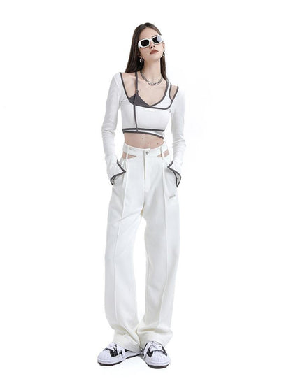 ANYQUESTION Gray White Contrast Trim Faux Two Piece Slim Women&