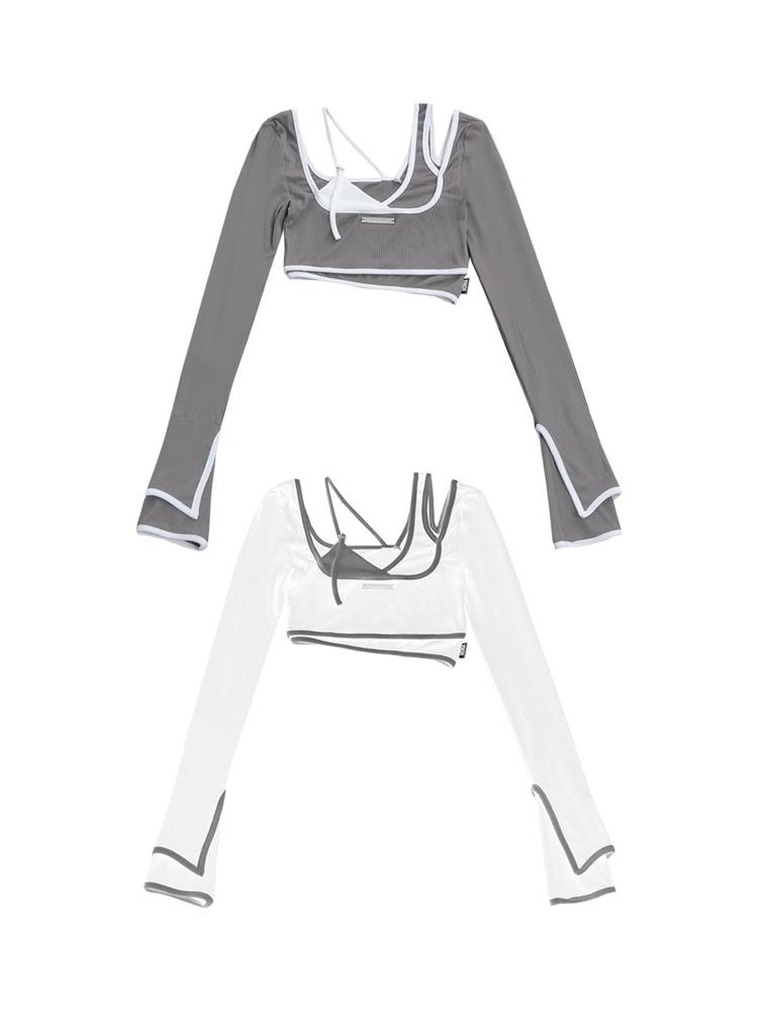 ANYQUESTION Gray White Contrast Trim Faux Two Piece Slim Women&