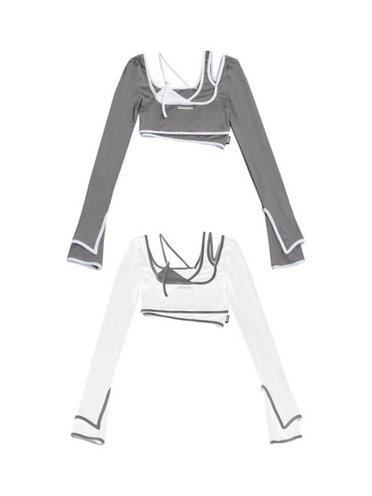 ANYQUESTION Gray White Contrast Trim Faux Two Piece Slim Women&