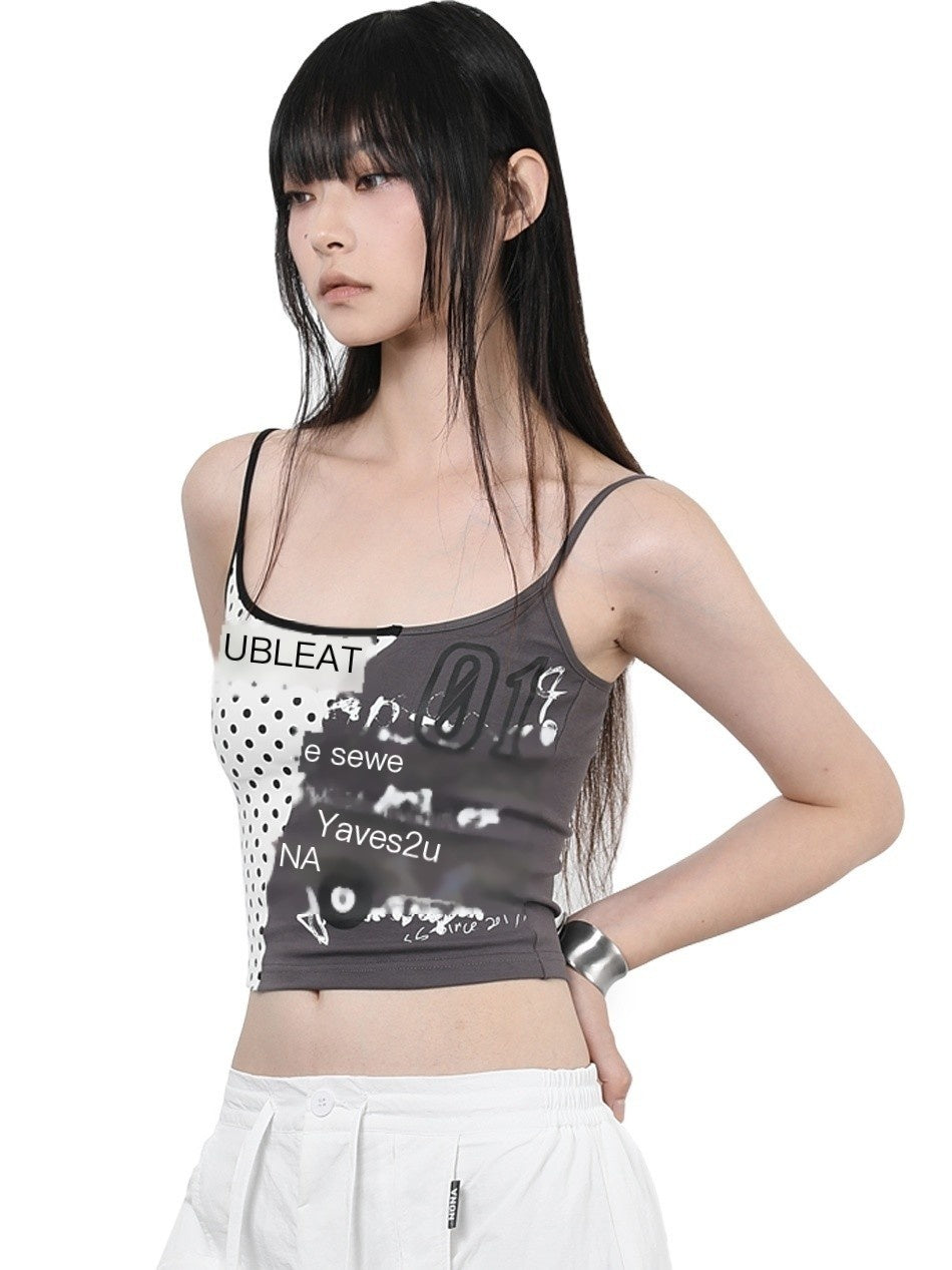 ANYQUESTION_Gray_White_Patchwork_Polka_Dot_Graffiti_Halter_Women&