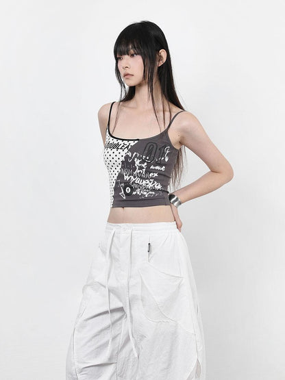 ANYQUESTION Gray White Patchwork Polka Dot Graffiti Halter Women&