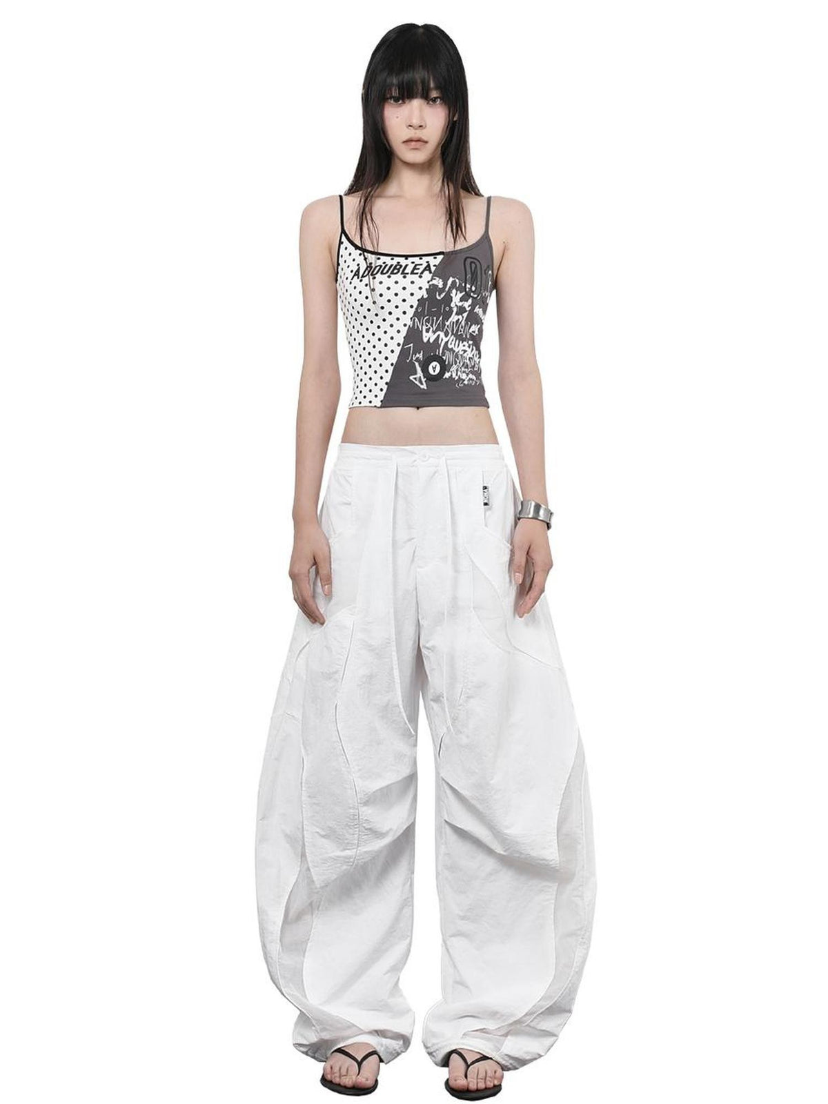 ANYQUESTION Gray White Patchwork Polka Dot Graffiti Halter Women&