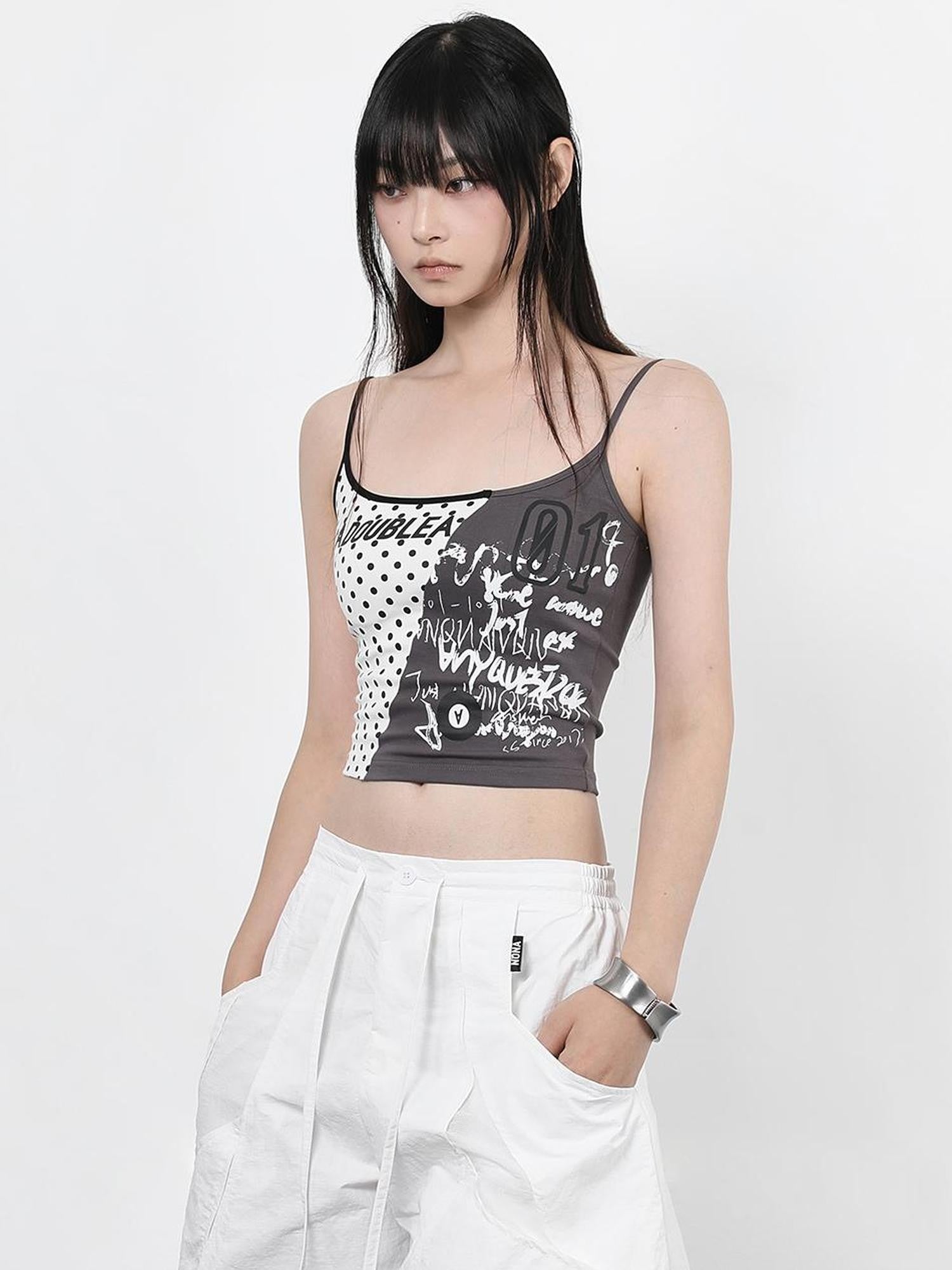 ANYQUESTION Gray White Patchwork Polka Dot Graffiti Halter Women&