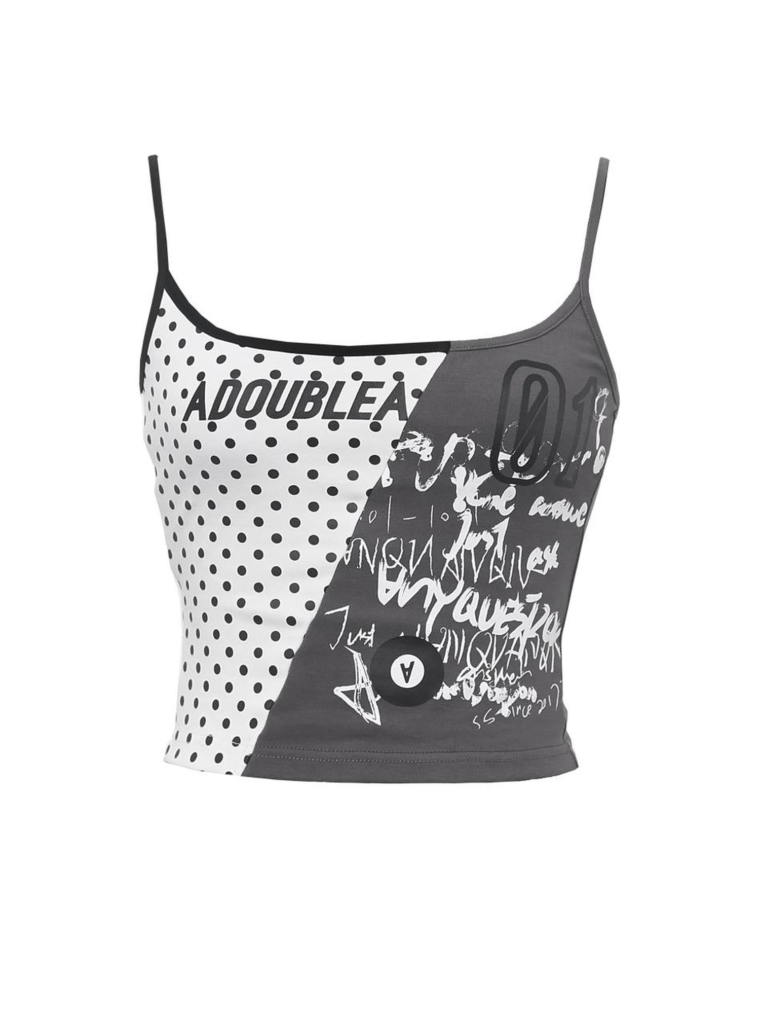 ANYQUESTION Gray White Patchwork Polka Dot Graffiti Halter Women&