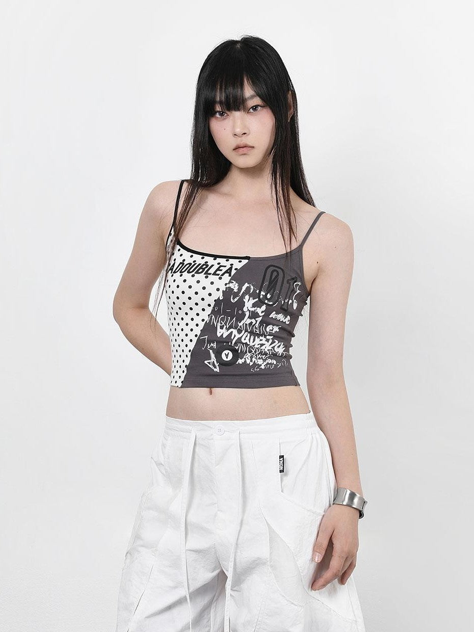 ANYQUESTION Gray White Patchwork Polka Dot Graffiti Halter Women&