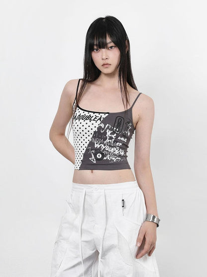 ANYQUESTION Gray White Patchwork Polka Dot Graffiti Halter Women&