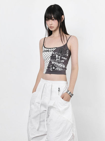 ANYQUESTION Gray White Patchwork Polka Dot Graffiti Halter Women&