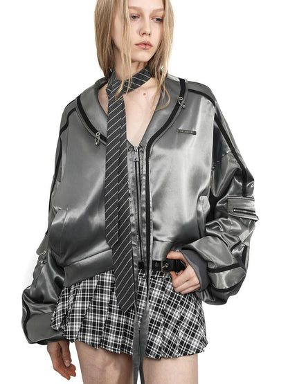 ANYQUESTION Grey Green Silky Sheen Sailor Collar Women&