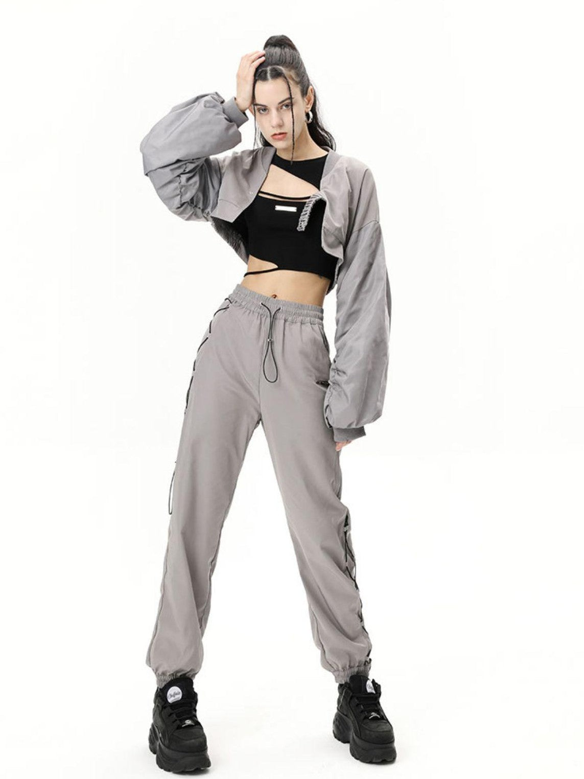 ANYQUESTION Grey Ruched Long Sleeve Utility Style Women&