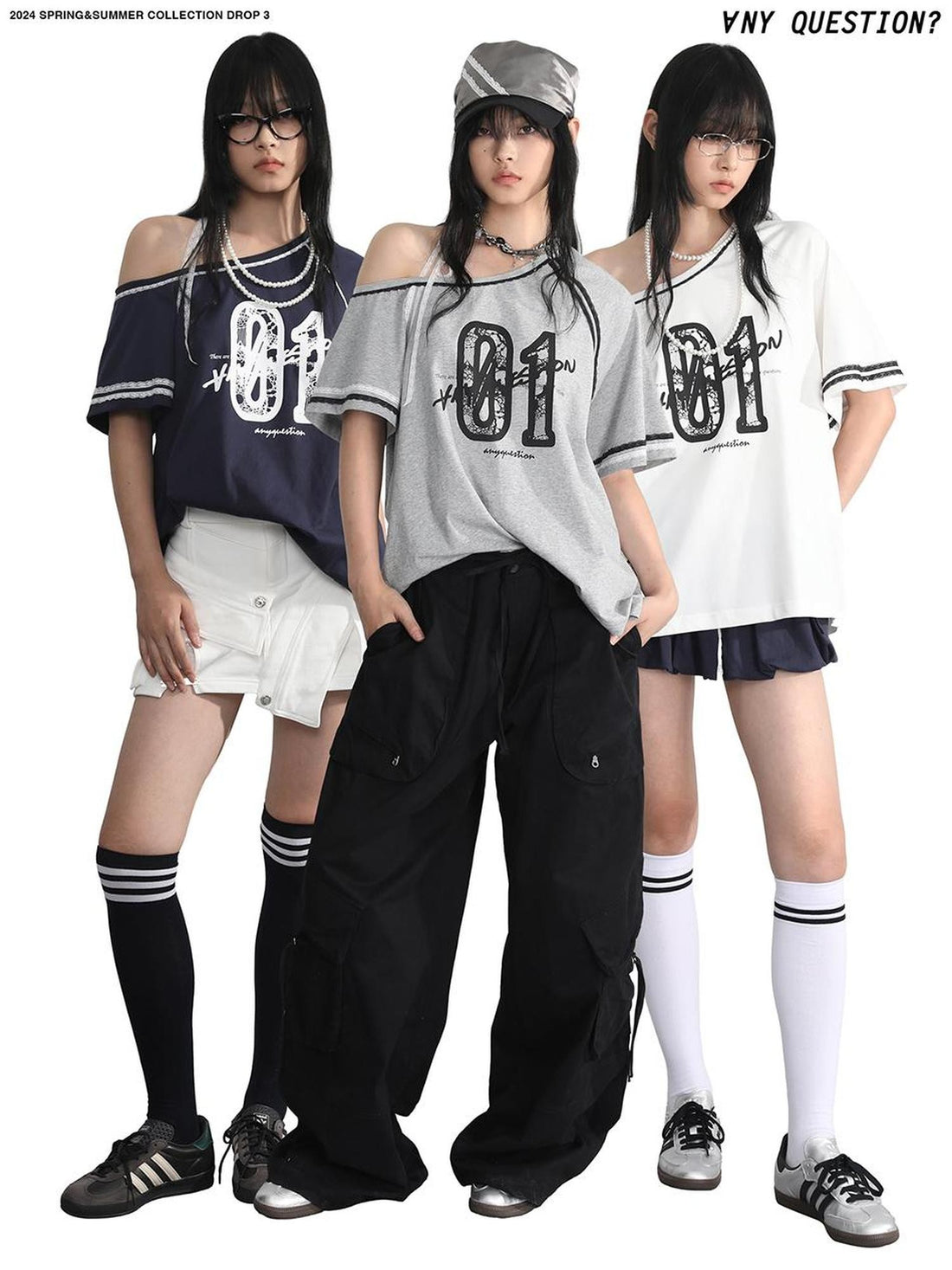 ANYQUESTION Grey White Blue Lace Tie Print Raglan Women&