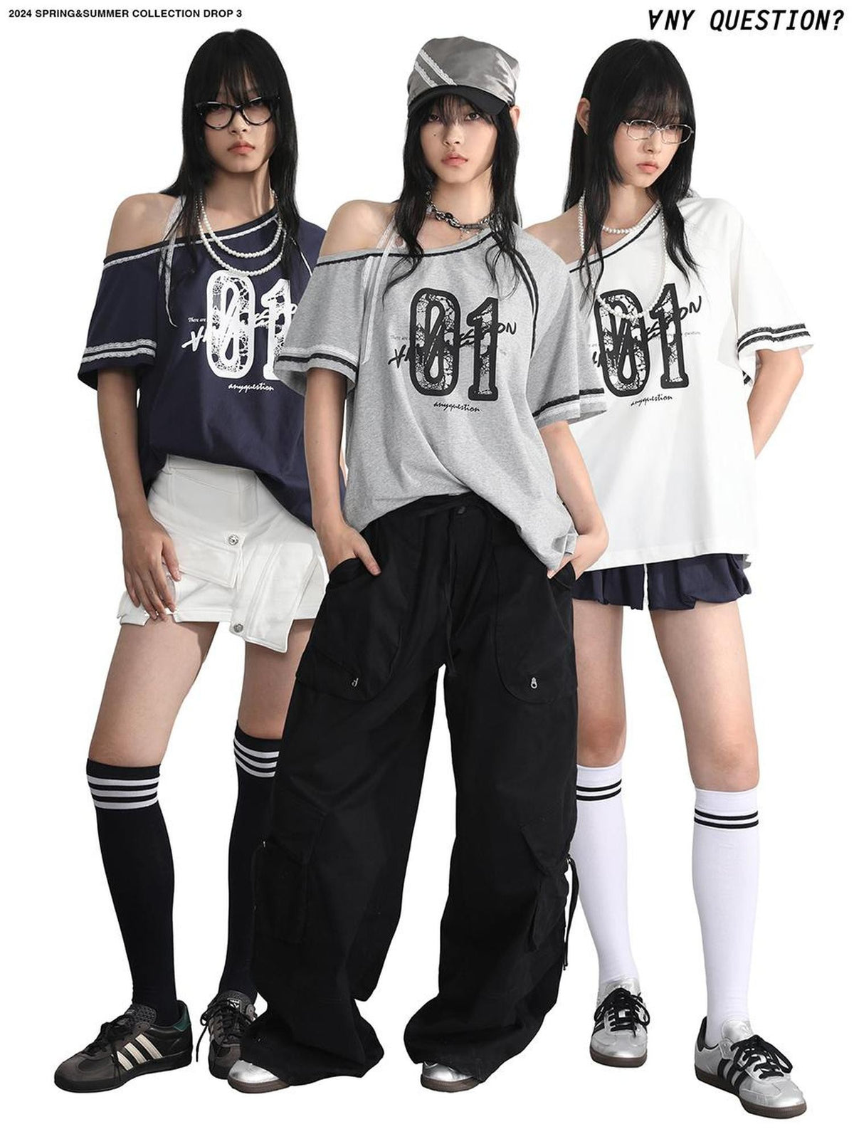 ANYQUESTION Grey White Blue Lace Tie Print Raglan Women&