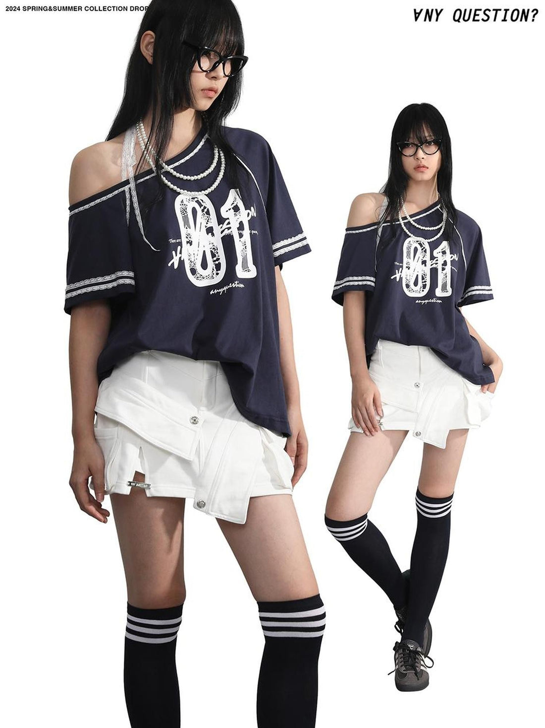 ANYQUESTION Grey White Blue Lace Tie Print Raglan Women&