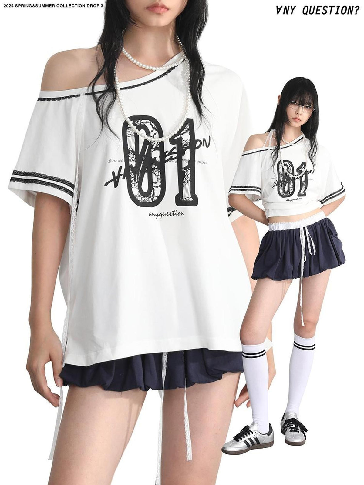 ANYQUESTION Grey White Blue Lace Tie Print Raglan Women&