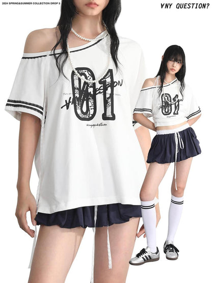 ANYQUESTION Grey White Blue Lace Tie Print Raglan Women&