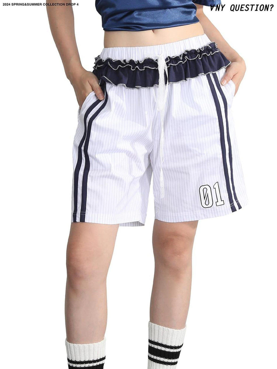 ANYQUESTION Grey White Two Tone Ruffle Hem Elastic Waist Women&