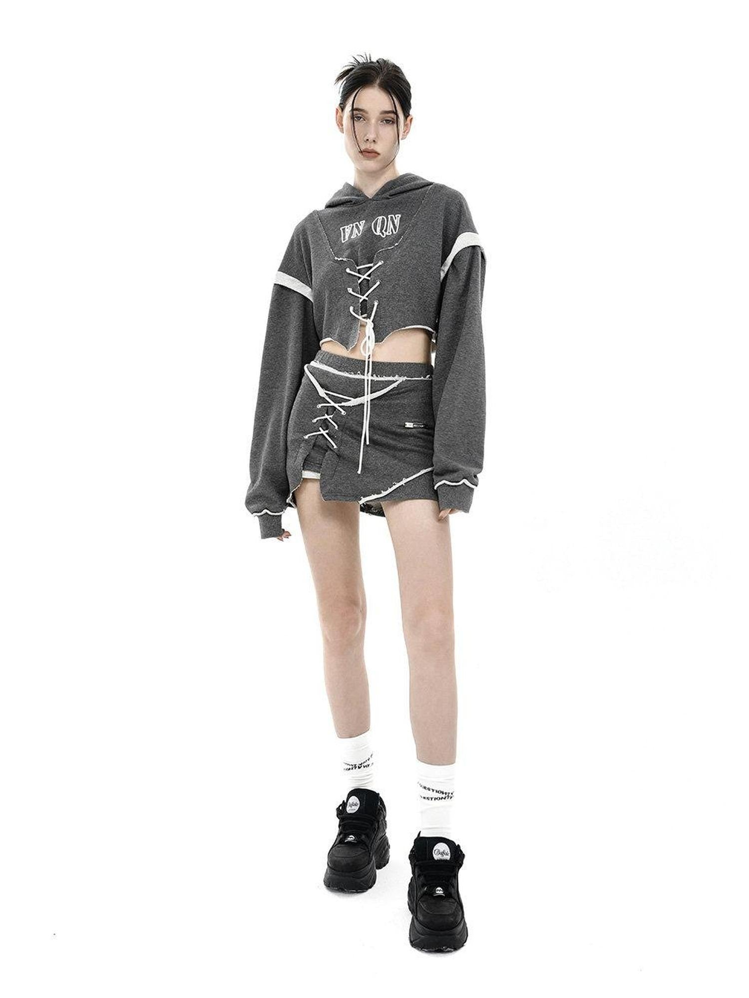 ANYQUESTION Heather Gray Printed Frayed Edge Tie Hooded Women&