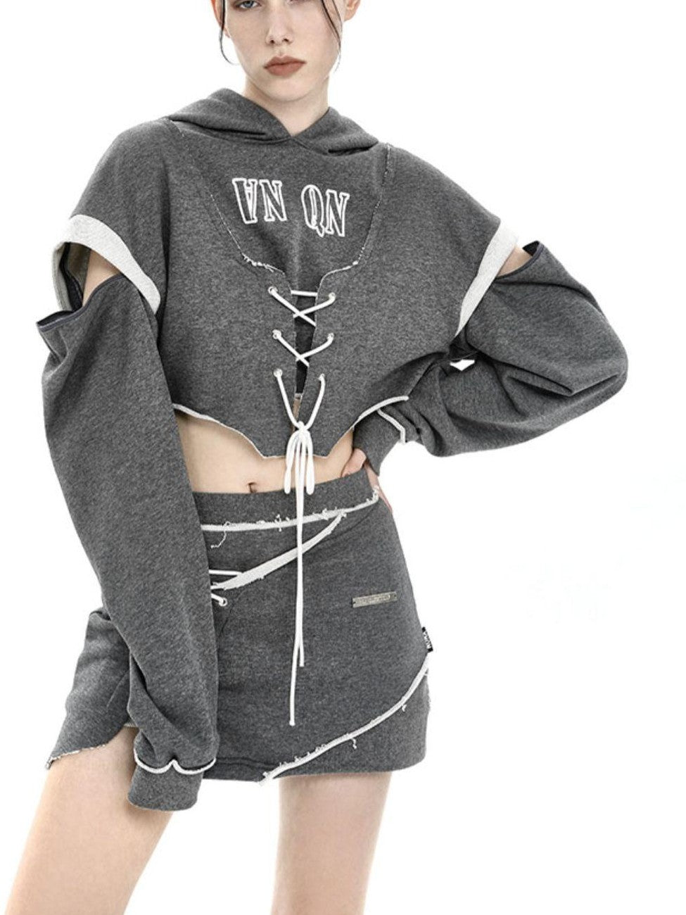 ANYQUESTION Heather Gray Printed Frayed Edge Tie Hooded Women&