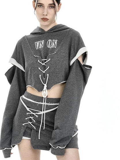 ANYQUESTION Heather Gray Printed Frayed Edge Tie Hooded Women&