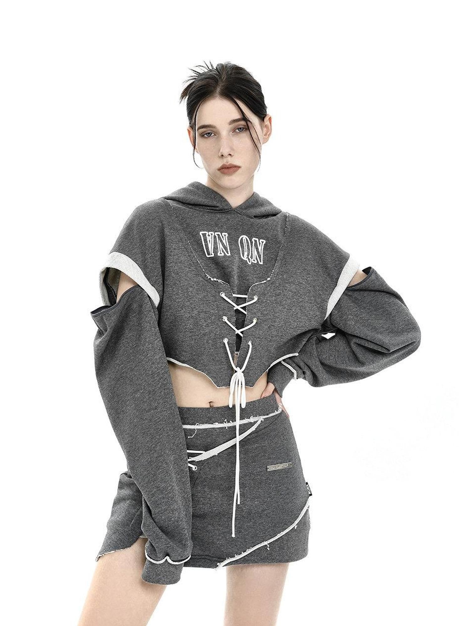 ANYQUESTION Heather Gray Printed Frayed Edge Tie Hooded Women&