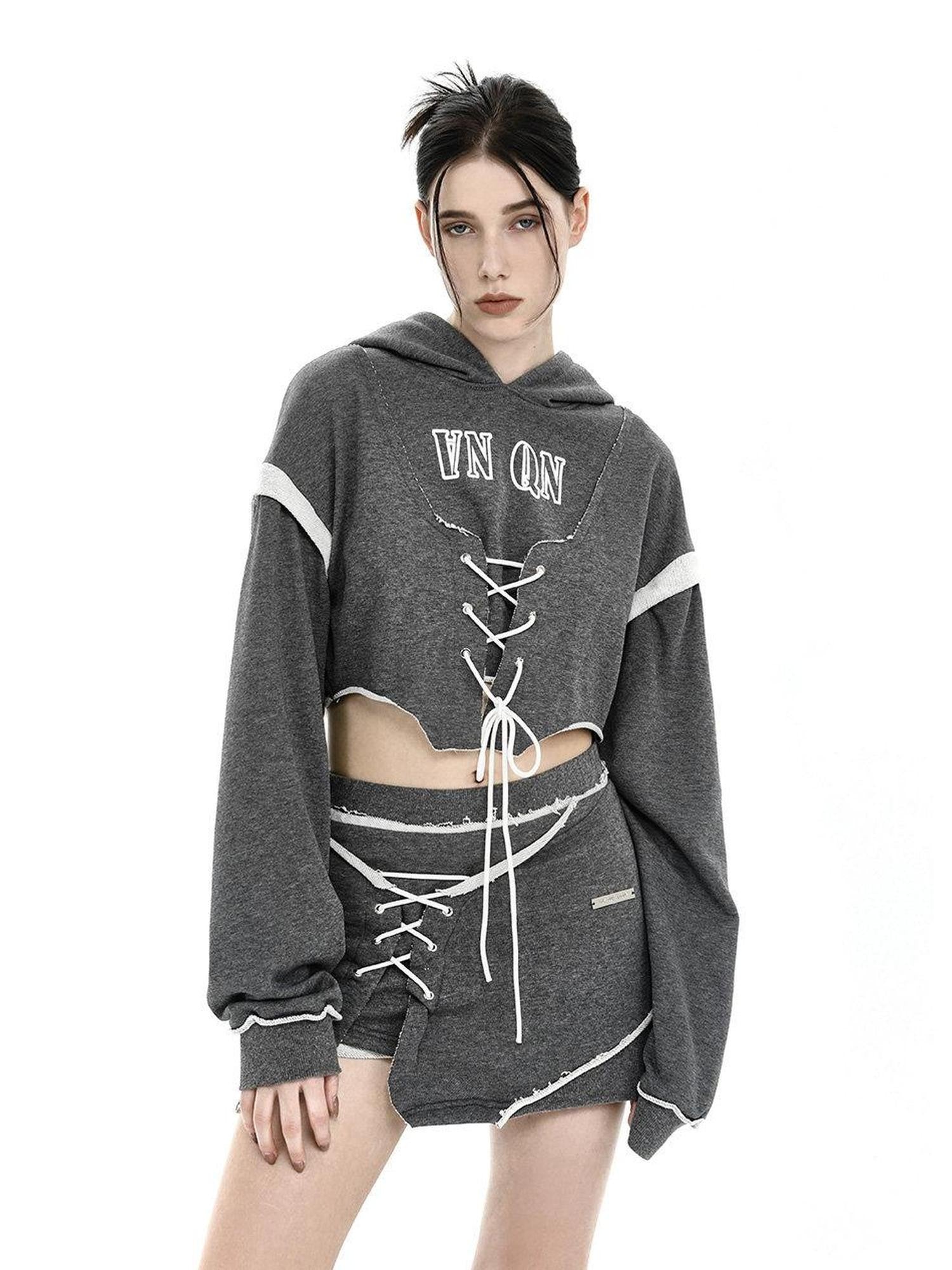 ANYQUESTION Heather Gray Printed Frayed Edge Tie Hooded Women&