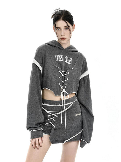 ANYQUESTION Heather Gray Printed Frayed Edge Tie Hooded Women&