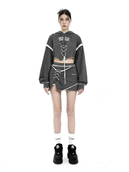 ANYQUESTION Heather Gray Printed Frayed Edge Tie Hooded Women&