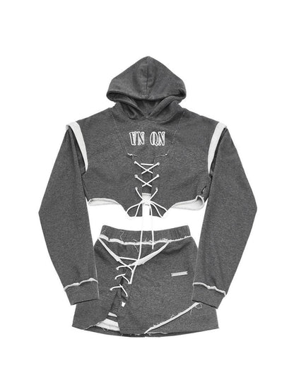 ANYQUESTION Heather Gray Printed Frayed Edge Tie Hooded Women&