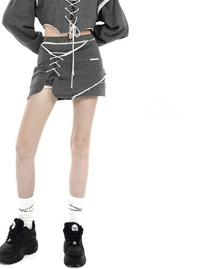 ANYQUESTION Heather Gray Printed Frayed Edge Tie Hooded Women&