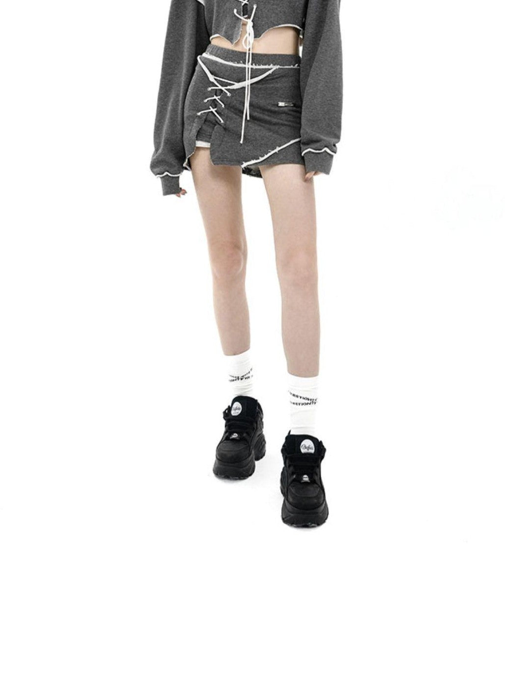 ANYQUESTION Heather Gray Printed Frayed Edge Tie Hooded Women&
