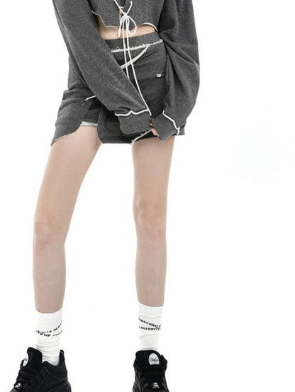 ANYQUESTION Heather Gray Printed Frayed Edge Tie Hooded Women&
