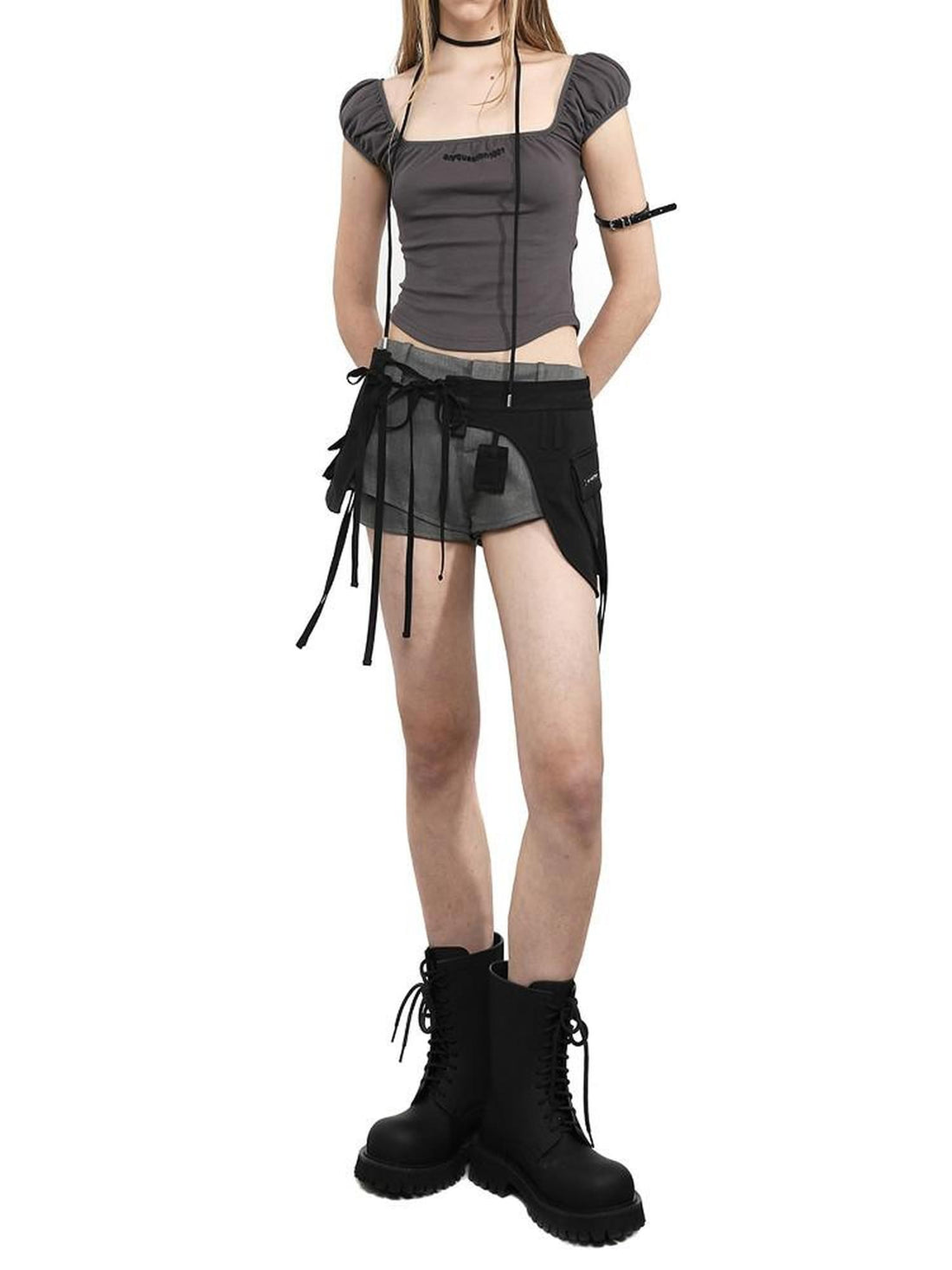ANYQUESTION Irregular Strap Pocket Double Layer Tie Overlay Women&