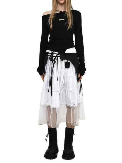 ANYQUESTION Irregular Strap Pocket Double Layer Tie Overlay Women&