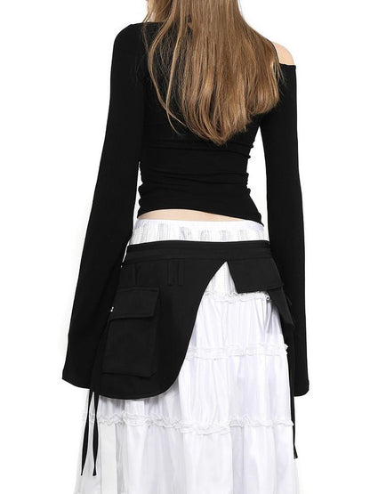 ANYQUESTION Irregular Strap Pocket Double Layer Tie Overlay Women&