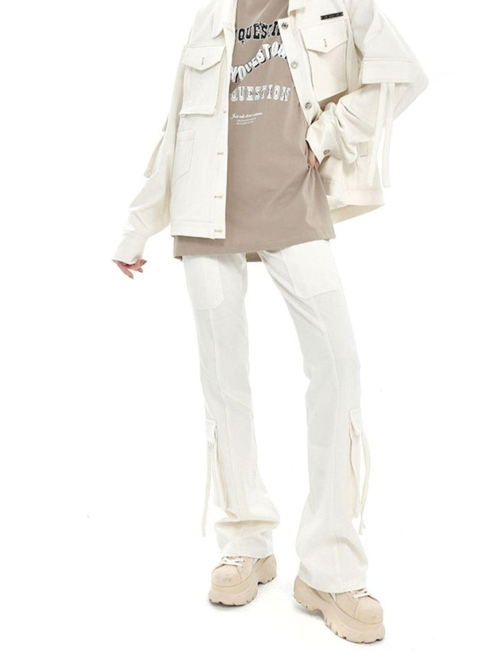 ANYQUESTION Ivory Sculptural Pocket Ribbon Tie Loose Street Women&