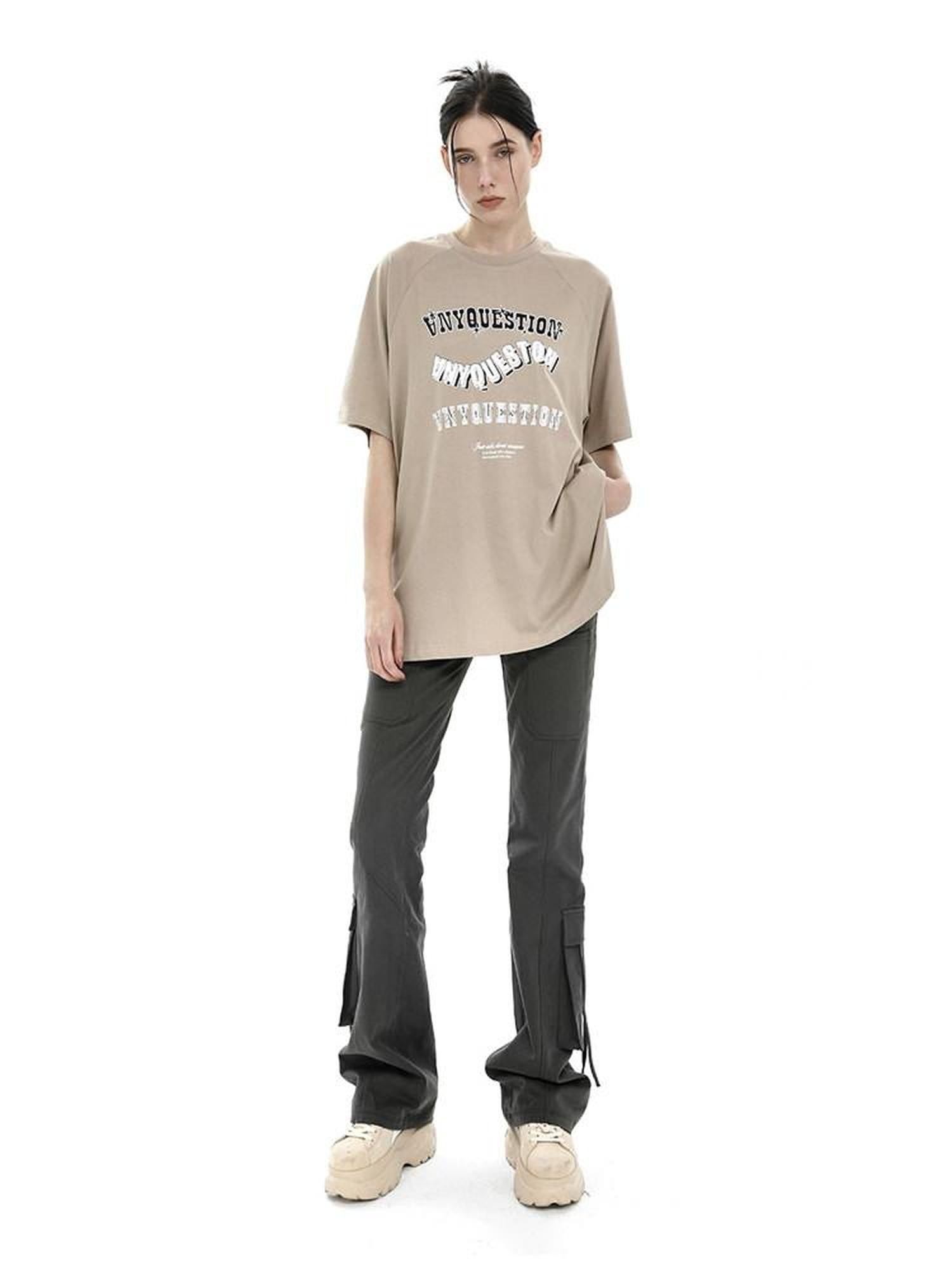 ANYQUESTION Khaki Vintage Letter Print Raglan Women&