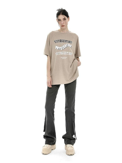 ANYQUESTION Khaki Vintage Letter Print Raglan Women&