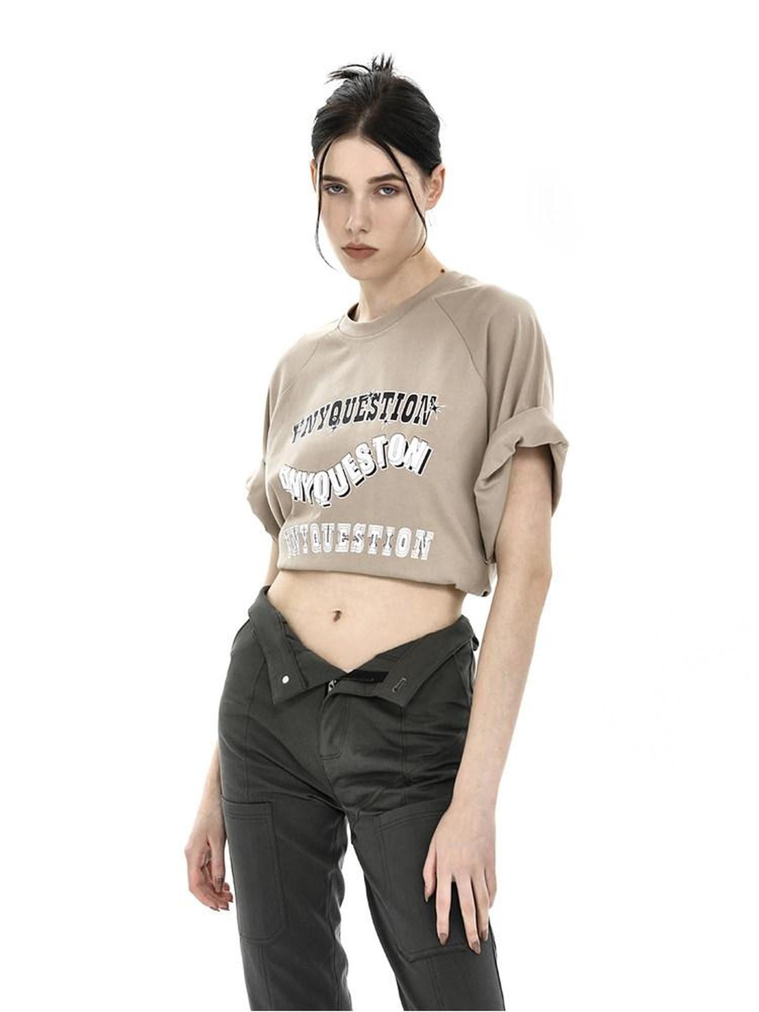 ANYQUESTION Khaki Vintage Letter Print Raglan Women&