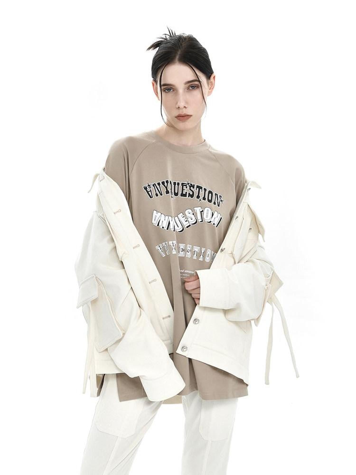ANYQUESTION Khaki Vintage Letter Print Raglan Women&