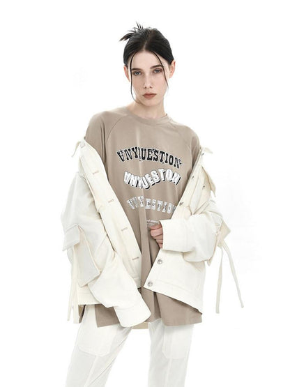 ANYQUESTION Khaki Vintage Letter Print Raglan Women&